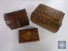 An early 20th century tea caddy and two trinket boxes