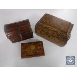 An early 20th century tea caddy and two trinket boxes