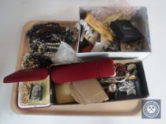 A tray of costume jewellery, hat pins, coin bracelet,