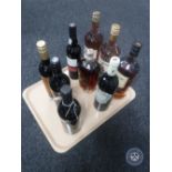 A tray of nine assorted bottles of alcohol and wines including Bumbu rum,