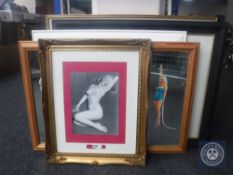 A Marylin Monroe canvas together with three framed pictures and two mirrors