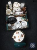 Two boxes of bread crock, storage jars, Japanese tea service, ship's decanter, figure of a horse,