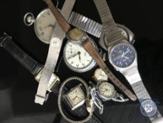 A box of lady's and gent's wristwatches together with a Smith's Empire pocket watch and military