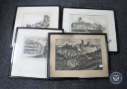 Four monochrome etchings after Bert Bainbridge; Durham Cathedral, North Shields and two others,