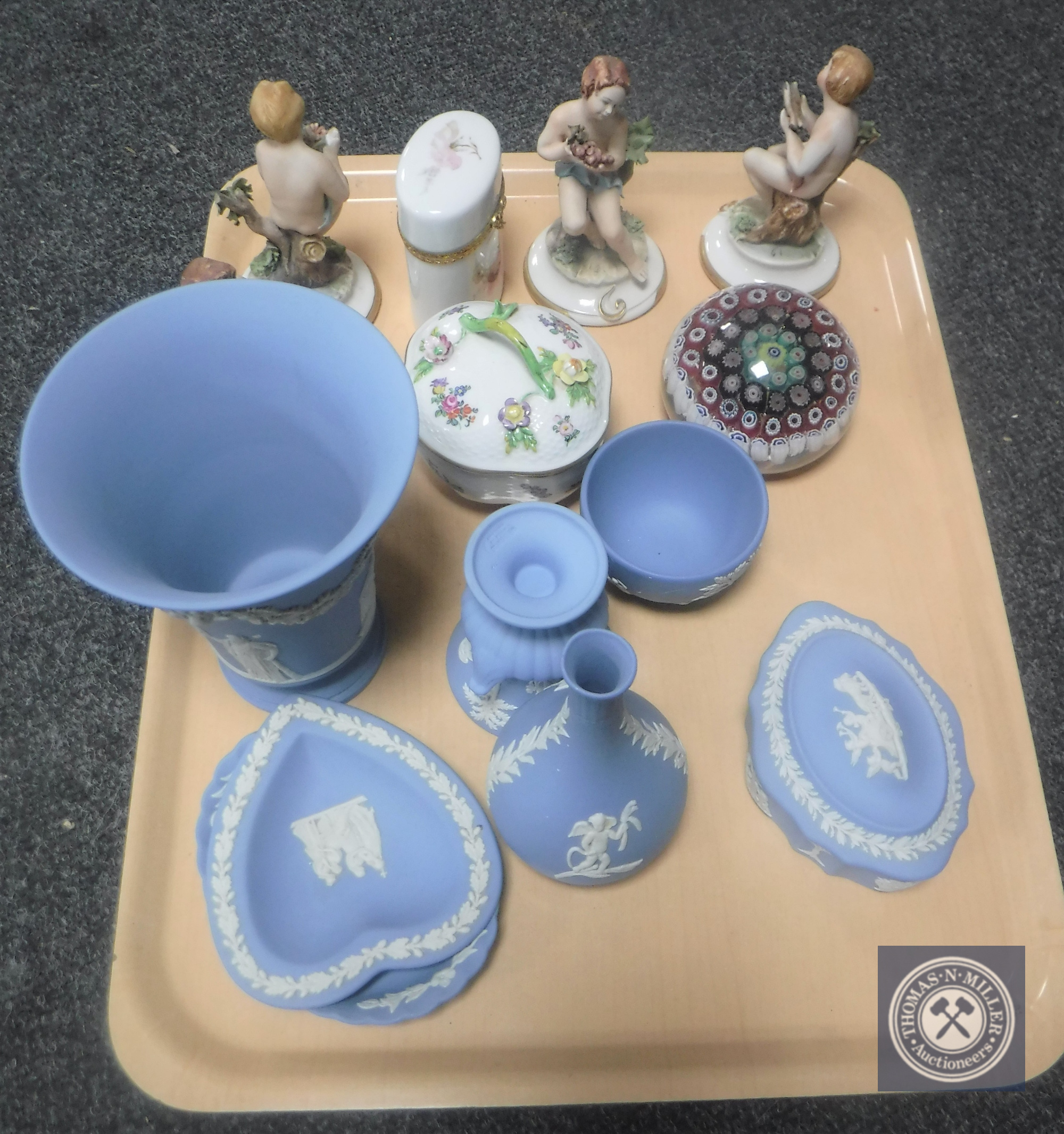 A tray of Four Seasons figures, seven pieces of Wedgwood Jasperware,