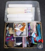 Two crates and a box of costume jewellery, pencil cases, art prints,