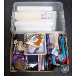 Two crates and a box of costume jewellery, pencil cases, art prints,