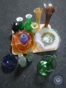A tray of coloured glass including carnival glass etc