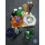 A tray of coloured glass including carnival glass etc