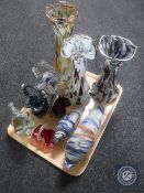 A tray of two glass fish ornaments and eight coloured glass vases and baskets