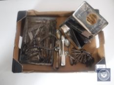 A box of antique cut throat razors, calipers and measures, cutlery,