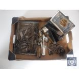 A box of antique cut throat razors, calipers and measures, cutlery,