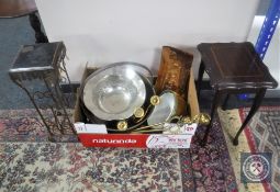 A box of fire dog and fire tongs, copper jam pan, table candelabrum,
