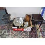 A box of fire dog and fire tongs, copper jam pan, table candelabrum,