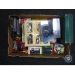 A box of die-cast vehicles including Corgi Omnibus, models of Yesteryear,