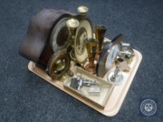 A tray of oak cased Smith's mantel clock, table cutlery, brass candlesticks, clipper razor,