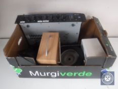 A box containing RCF mixer amplifier, two DAB radios,