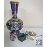 Four pieces of cloisonne including miniature teapot, napkin ring, figure of an owl and a vase,