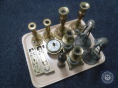 A tray of brass ware including early 20th century GPO trench shell money box,