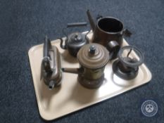 A tray of antique copper miniature kettle, copper tea pot,