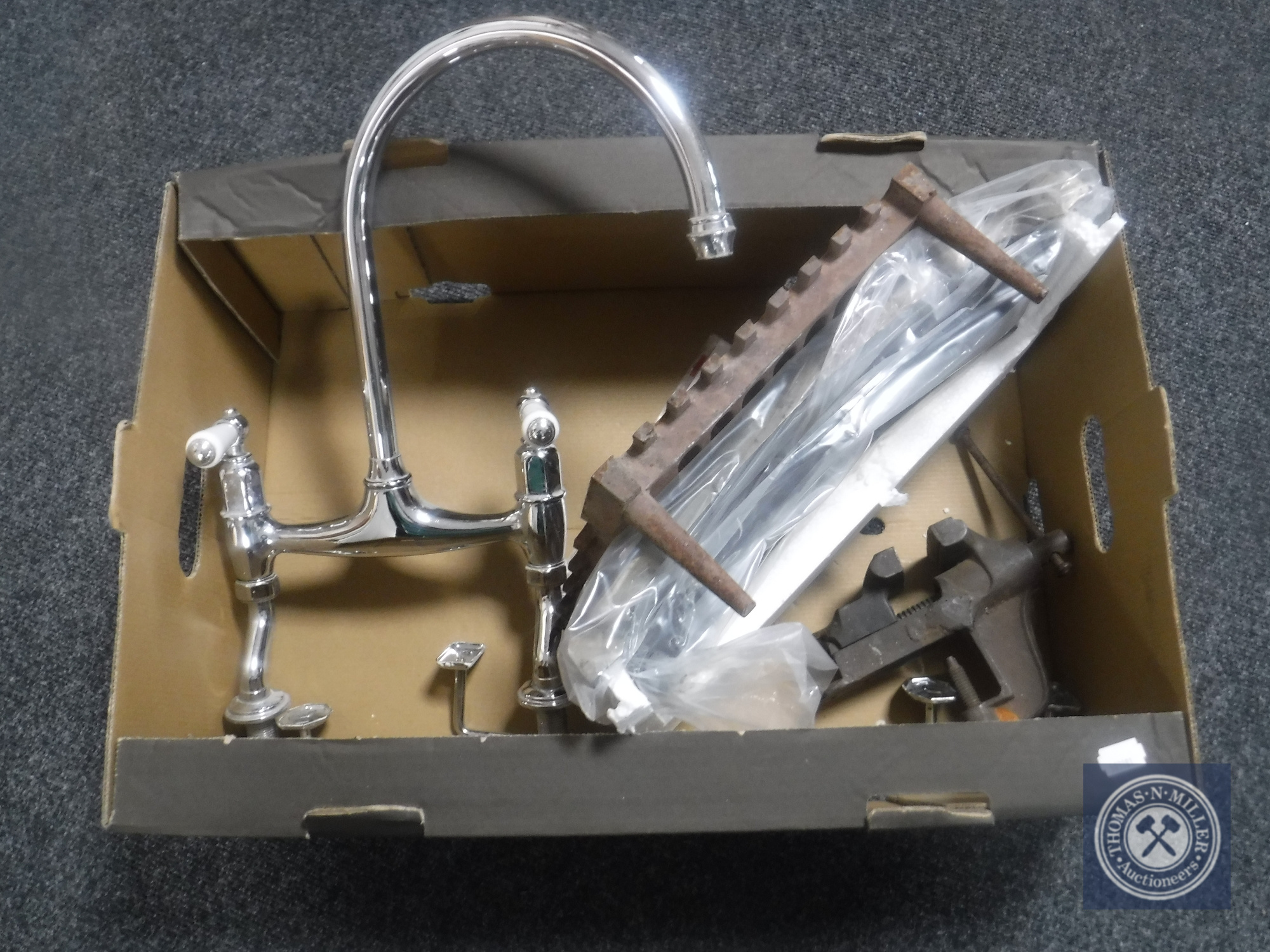 A box of Art Deco metal towel holder, Perrin and Rowe kitchen mixer tap,
