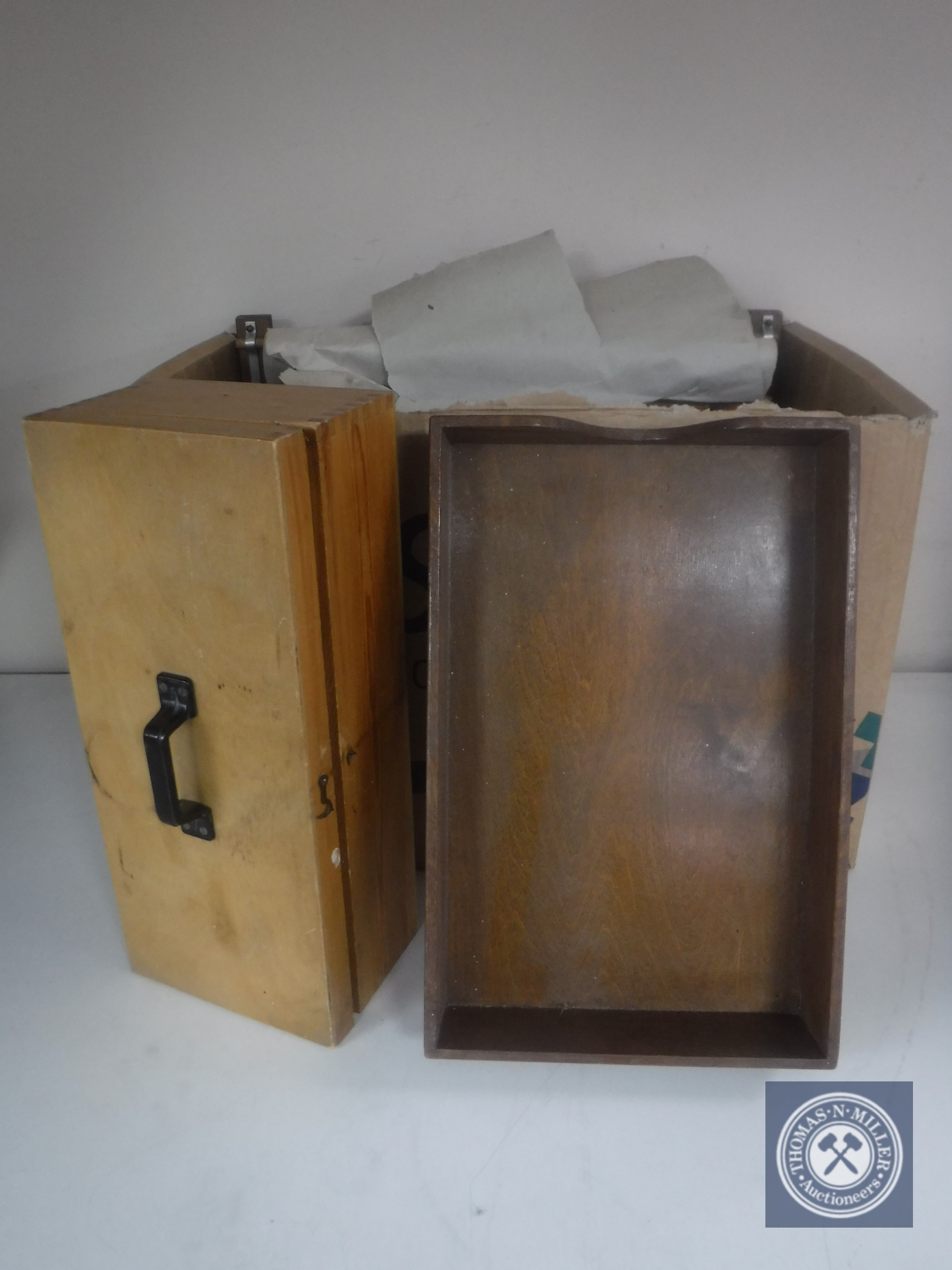 A mid 20th century teak cabinet together with a box containing pine storage box, wooden office tray,