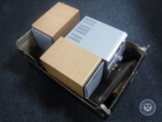 A box of Sony micro hifi system, two tap and die sets,