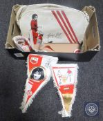 A box of George Best soccer kit bag together with five George Best and Manchester United pennants,