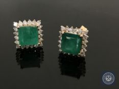 A pair of 14ct yellow gold emerald and diamond earrings featuring 1 square cut emeralds 3.