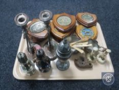 A tray of assorted plated wares, sugar sifter,