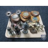 A tray of assorted plated wares, sugar sifter,
