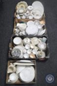 Four boxes of antique and later tea china, dinner ware, kitchen bowls,
