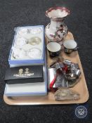 A tray of pair of Maling cups, Masons Mandalay red vase, hip flask, plated napkin rings,