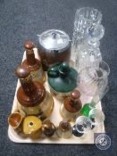 A tray of Wade Bells decanters, oak biscuit barrel, cut glass decanter,
