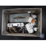 A wooden case containing metal tool box containing ring spanners,