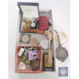 A box of assorted cons, Zippo lighter, pen knives, costume jewellery, Lucas No.