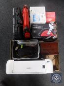 Two boxes of camping stove, car jump starter, jewellery box, Canon printer,