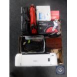 Two boxes of camping stove, car jump starter, jewellery box, Canon printer,