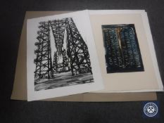 Donald James White : Transporter Bridge, monoprint, signed with initials, dated 2000, 82 cmx 63 cm,