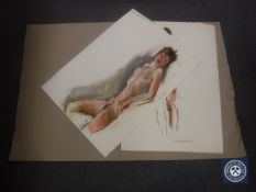 Donald James White : Reclining Female Nude, colour chalks, signed with initials, dated 29/9/86,