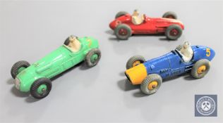 Three early Dinky racing cars; 23N Maserati, 23H Ferrari and 23J HWM.