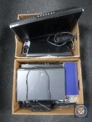 Two boxes of LCD portable TV, sky boxes, routers,