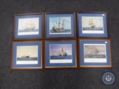 A set of six mahogany framed prints depicting ships