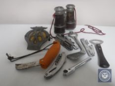 A collection of pen knives, corkscrew and bottle opener, opera glasses,