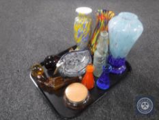 A tray of art glass vases, paperweights,
