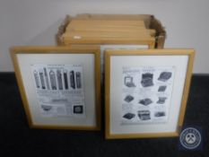 A box of pine framed prints - vintage wheel barrows etc