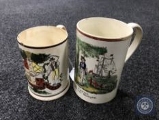 An early 19th century creamware frog mug titled ' Jack on a cruise Avast there: Back your
