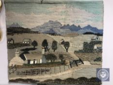A woollen tapestry wall hanging depicting a rural scene