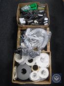 Three boxes of tools, sand paper, door fittings,