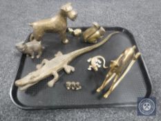 A tray of eight brass ornaments - crocodile,